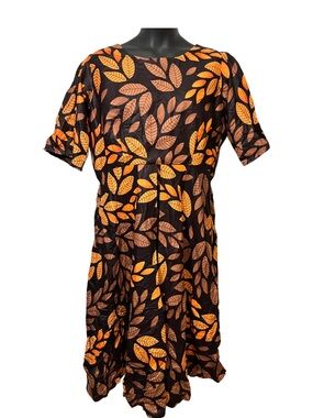 Black Midi Dress with Orange Leaf Print Ankara